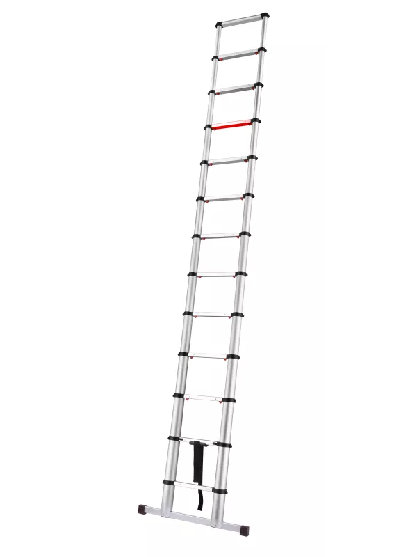 Fully extended aluminium telescopic ladder with stabiliser bar